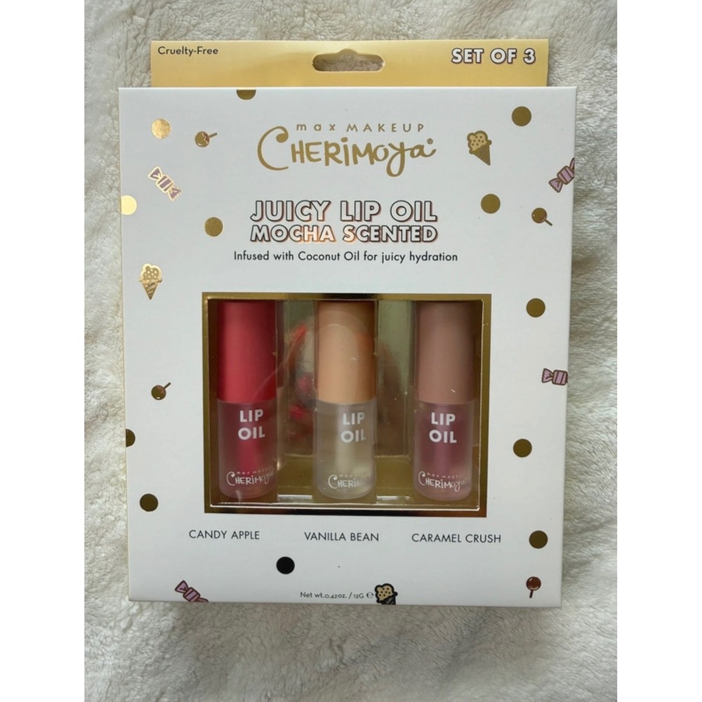 Max Makeup Cherimoya Juicy Lip Oil Set Mocha Scented 3pk Lip Oil Candy Apple